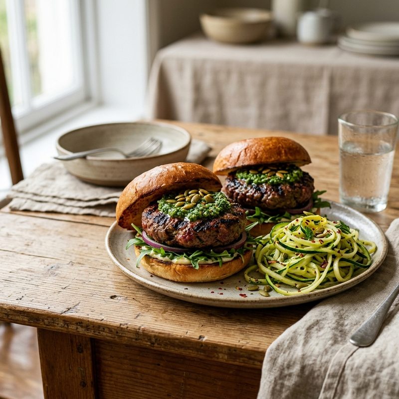 Grilled Lamb Burgers with Mint Pesto and Zucchini Ribbon Pasta