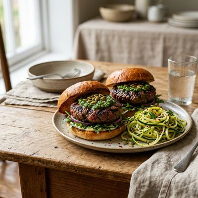 Grilled Lamb Burgers with Mint Pesto and Zucchini Ribbon Pasta